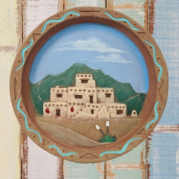 Leonardo Jaramillo Other - New Mexico Clay Pottery Wall Art By Leonardo Jaramillo 3D Effect Adobe Building